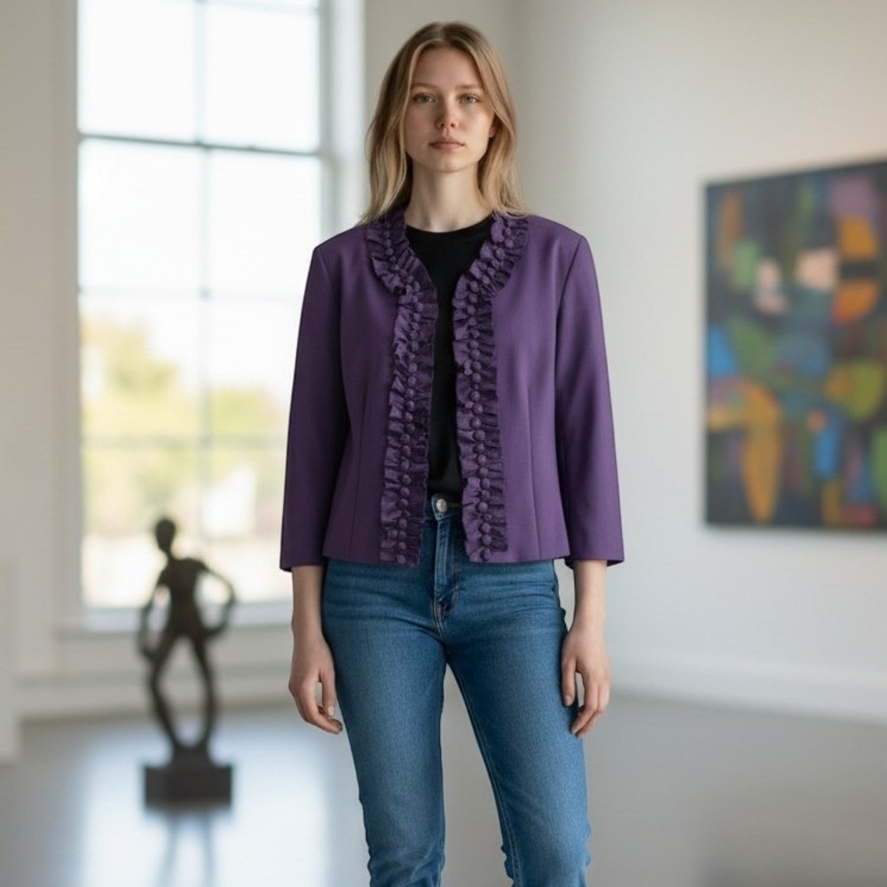 Coldwater Creek Purple Ruffle Trim Open Front Blazer Jacket Petite 12 P12